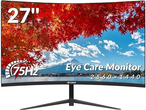 CRUA Monitor Gaming Curvo 27 Pollici 2K QHD 2560x1440, 75Hz con HDMI & DP, Schermo PC Eye Care, Montaggio VESA, Perfetto per Lavoro e Intrattenimento