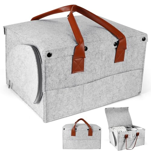 OUZHOU Caravan Plate Holder with 10 Plate Compartments & 4 Bowl Mug Holder & 8 Side Pockets, Camping Storage Bag Dinnerware Plate and Mug Storage Box, Felt Bag with Removable Divider for Tableware