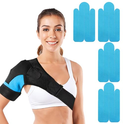 Tutore per spalle per uomo e donna, in neoprene di alta qualità, con design regolabile, ideale per artrosi e dislocazione delle spalle, con 4 cerotti per muscoli della spalla (blu)