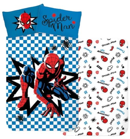 BrandMac Parure de lit Spiderman taille lit bébé | Housse de couette 100x135 cm + Taie d'oreiller 40x60 cm, 100% Coton | Parure de lit bébé Spiderman Marvel Super héros réversible pour garçons et