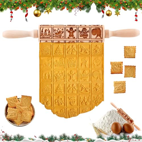 Teigroller, Weihnachten Nudelholz, 3D Spekulatiuswalze aus Holz, Teigroller Weihnachten aus massivem Buchenholz 35 CM, Nudelhölze mit Muster Weihnachten für eine kreative Weihnachtsbäckerei