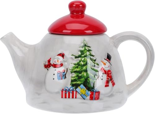 Lnwwrv Teiera in Ceramica da 1 Pezzo per Natale - Motivo Regalo con Albero di Natale e Pupazzo di Neve, Adatta per caffè/Acqua/Latte, Decorazione da Tavolo per la casa