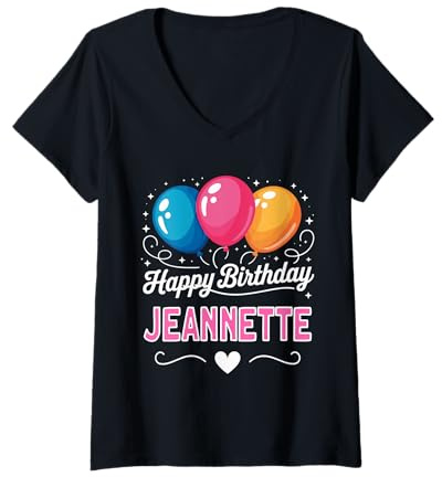 Femme Joyeux Anniversaire en Disant Jeannette T-Shirt avec Col en V