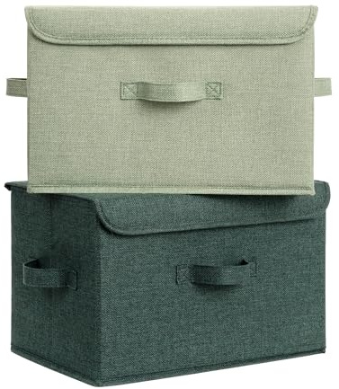 GRANNY SAYS Memory Keepsake Storage Box, Fabric Storage Bins with Lids | Flip-Top Lid, Collapsible, Stackable, 3 Handles, Ideal for Closet Clothes Blanket, Large, Sage Green & Dark Green, 2-Pack