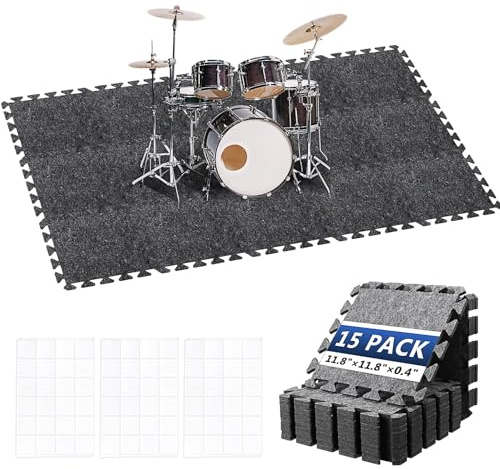 15 Pack Interlocking Acoustic Floor Mats, 30 x 30 x 1 cm High Density Sound Absorbing Tiles, Non Slip Anti Vibration Drum Mat & Piano Carpet for Home Music Studio, Grey
