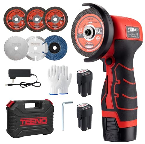 TEENO Cordless Angle Grinder, 16.8V 76mm Mini Angle Grinder 19500RPM with 2 x 2000mAh Batteries and Charger, 6 Cutting Discs & Carry Case for DIY Cutting, Grinding and Polishing