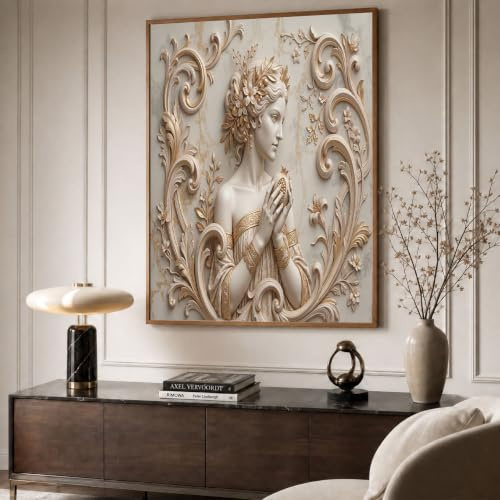 JRISEMECY Relieve De Diosa Barroca Sin Marco Cuadros Decoracion Salon, Beige Dorado Borde De Vides Nórdicas Cuadros Pintura Lienzos Decorativos Posters Dormitorio Comedor Decoración De Pared 30X40Cm