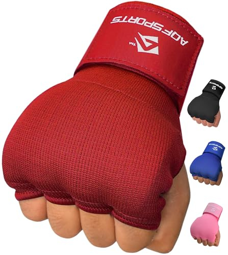 AQF Guantes Interiores de Boxeo con Vendas Acolchadas para Artes Marciales Mixtas, Guantes con Correa de Gel, Color Negro, Azul y Rojo (Rojo, Mediano)
