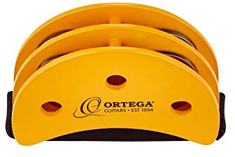 Ortega Guitars Percussion Foot Tambourine - Fußtamburin mit Edelstahl Schellen - Siam Eiche, Orange (OGFT) | Für alle Spieler von Saiteninstrumenten, 4 Paar Schellen aus Edelstahl, OGFT