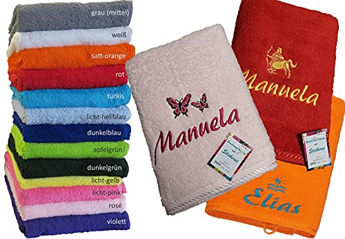 Premium Qualität Duschtuch mit Namen, Motiv oder Sternzeichen Bestickt | Badetuch individuell personalisiert, 15 Farben, 4 Größen und viele Motive zur Auswahl