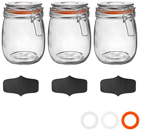 Argon Tableware Glass Jars with Airtight Metal Clip Lid & Chalkboard Stickers - 750ml/26.4oz - 3 Pack - 4 Colour Seals - Kitchen Container Round Preserving Jar for Pickling, Chutney, Jam, Coffee