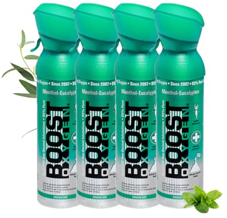 Boost Oxygen Sauerstofflasche für Unterwegs mit 95% Sauerstoff - 20L,4x5L Sauerstoffdose mit Sauerstoffmaske für mehr als 400 Inhalationen - mobiler Sauerstoff Inhalator (Menthol-Eukalyptus Geschmack)