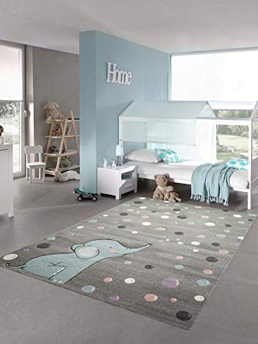 Teppich-Traum Kinderteppich Elefant Kinderzimmerteppich mit Punkten in grau blau Größe 200 x 290 cm