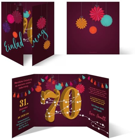 Kartenmachen.de Individuelle Geburtstagseinladungen zum 70. Geburtstag personalisierte Einladungskarten ab 10 Stück selbst gestalten Quadrat 155x155mm Altarfalz - Girlande