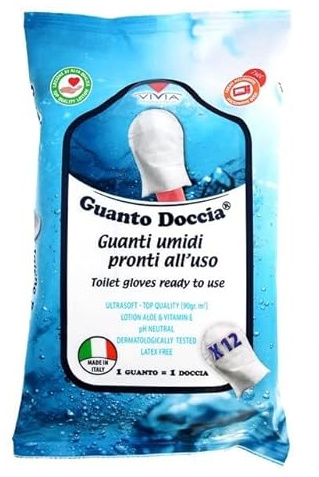 Guanto Doccia® - Lot de 6 paquets de gants de douche (72 au total), humides et savonneux pour l’hygiène du corps, prêts à l’emploi, sans rinçage, fabriqué en Italie