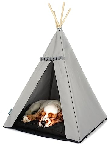 Tipi für Katzen und Hunde mit Bommeln, Wasserdichtes Haustierzelt mit Rutschfester Basis, Hunde- und Katzenhaus (Graues, schwarzes Kissen, 65x65cm)