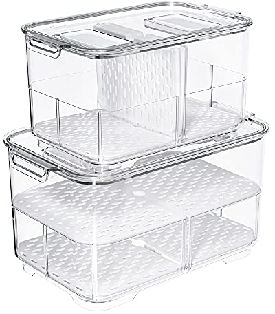 SANNO Kühlschrank Organizer mit Deckel, 2er Stapelbare Küche Aufbewahrungsbox Set mit Deckel Küchen Organizer für Gemüse, Beeren, Fleisch