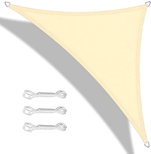 Teynewer Sun Shade Sail Triangle 3x3x3m Waterproof Shade Sail for Outdoor Garden Patio Party 98% UV Block Sunscreen Awning Canopy Sunsail with Free Rope, Cream