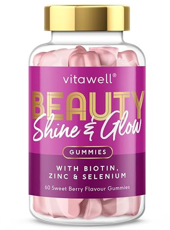 Vitawell Hair Skin & Nails Gummies | Support for Hair Growth + Skin + Nails Vitamins Chews | Complex Formula Biotin, Zinc, Selenium & Vitamin E | 60 Strawberry Flavour | | Multivitamin Gummies