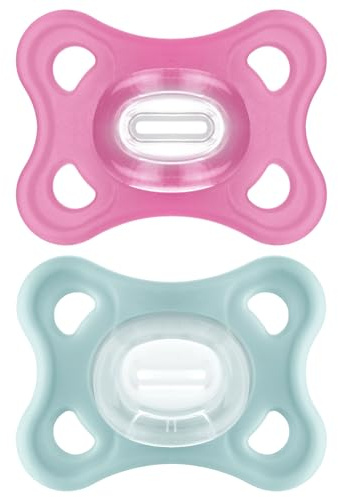 MAM Comfort Dummies, 3-12M, 2 Pack, Orthodontic Design, Pink | SkinSoft Silicone Teat, Comes in Dummy Steriliser Box, Baby Accessories for Newborn (Designs Vary)