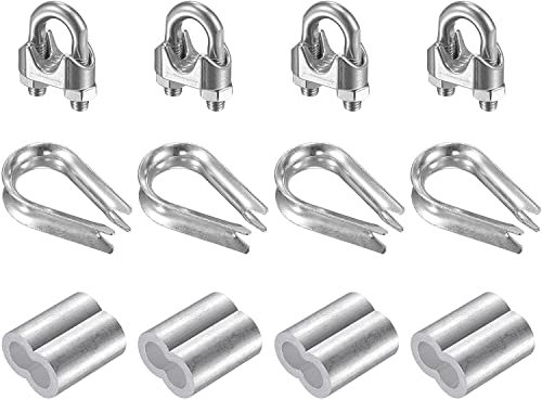 Drahtseilclip, Griffe Schrauben, Bolzenklemmen Anziehen Befestigung, Drahtseilkabel-Clip-Kit for M10, inklusive 304 Edelstahlseilklemme, Fingerhut-Rigging, Aluminium-Crimp-Schleife-Hülse 4 Set