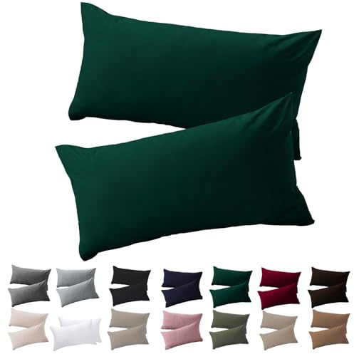 Soifox Set di 2 federe per cuscino 40 x 80 - Fodera per cuscino 40x80 Verde scuro 100% microfibra, senza stiro e antirughe, con chiusura lampo