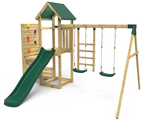 Rebo® Wooden Climbing Frame with Vertical Rock Wall, Swing Set and Slide - El Capitan | OutdoorToys | Kids' Outdoor Wooden Garden Play Equipment, Children's Jungle Gym