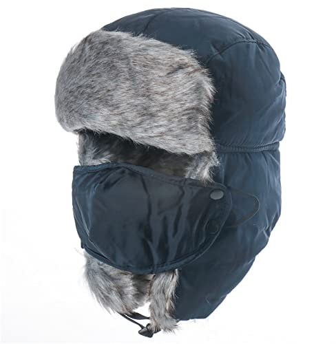 DEPAJA Russische Mütze Winter Bombermütze Frauen Männer Russland Ushanka Trapper Trooper Fliegermützen Männlich Thermische Kunstpelz Ohrenklappen Schneekappen,Navy,55-61Cm