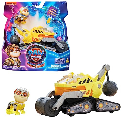 Paw Patrol: The Mighty Movie, Construction Toy Truck with Rubble Mighty Pups Action Figure, Lights and Sounds, Kids’ Toys for Boys and Girls 3+