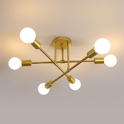 Comely Lustre Plafonnier Industriel, 6 Lumières E27 Lampe de Plafond Retro Vintage en Metal, Retro Suspension Luminaire Doré pour Salon Salle à Manger Chambre Cuisine Restaurant