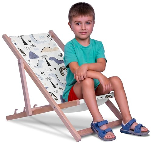 DreamRoots Kinder Liegestuhl Holz Gr. S, Pastel Kids Dinosaur | Klappbarer Campingstuhl faltbar, für Garten & Strand, bis 130 kg, waschbarer Bezug, 100% Polyester, UV-beständig, Kinderliege