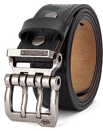 BISON DENIM Gürtel Herren Echt Leder Doppeldorn Ledergürtel Herren 38mm | Retro Cowboy Herrengürtel für Jeans Casual Arbeit, Jeansgürtel mit Alloy Schnalle, Geschenkbox