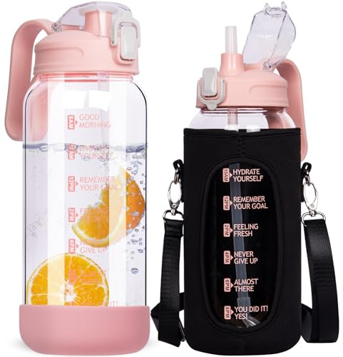 DEARRAY 2 Litre Glass Water Bottle With Straw & Time Markings - Large Leakproof Motivational Drinking Bottle, Big Pitcher Jug With Lid, BPA Free Carafe