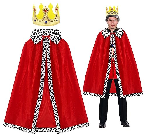 SKHAOVS 2 Stück König Königin Kostüm für Erwachsene, Königsmantel Königinumhang Königlicher Samtumhang mit Krone, König Königin Cosplay für Halloween, Karneval, Mottoparty, 120cm