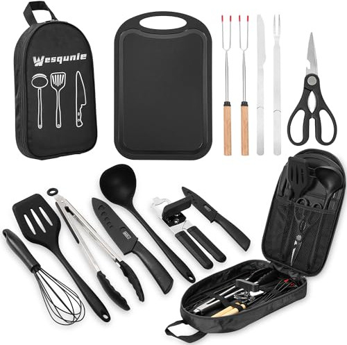 Wesqunie Camping Essentials Cookware Cooking Utensils Set - Portable Camp Kitchen Mess Kit Outdoor Accessories, Stainless Steel & Silicone, Camping Gear Equipment for RV Picnic Grill,Black