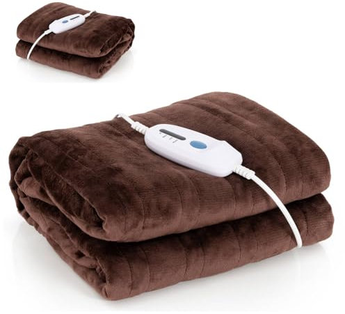 Multigot Electric Heated Blanket, Flannel Heated Overblanket with 4 Heating Levels, 8 Hours Auto Off and Overheat Protection, Washable Fast Heating Throw Blanket for Sofa Bed (Brown, 130 x 180cm)