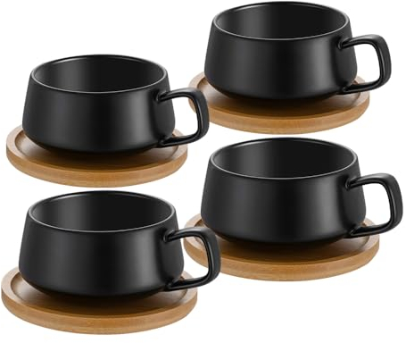Set da 4 pezzi di tazze da cappuccino con piattini, tazze da caffè in ceramica da 320 ml, grandi tazze da cappuccino per gli amanti del caffè, cappuccino, latte, americano e tè, Nero