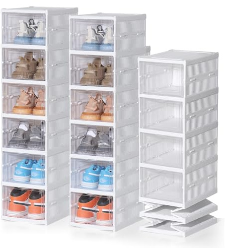 ELUCHANG Shoe Storage Box, 12PCS Clear Shoe Boxes Stackable Foldable, Plastic Shoe Storage Organiser Installation Free for Sneakers, Trainers, Hallway, Under Bed, Fit Up to UK 10