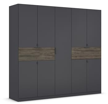 Rauch Möbel Ticao, Drehtürenschrank, Kleiderschrank, Kleiderschränke, Garderobe, Schrank mit Stauraum, 9-türig, 2 Schubladen, Farbe Grau metallic-Atlantic Oak Dunkel, Schwarz, Holz, 226x210x54cm