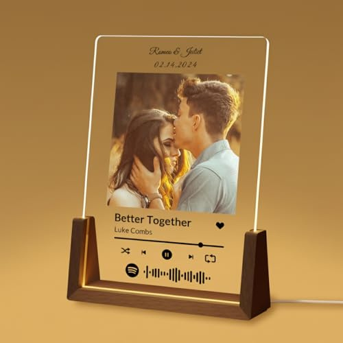 SENSING Spotify Glas Personalisiert mit Foto, Song Cover Acrylglas mit Spotify Code, Geschenk für Freundin Freund, Jahrestag Geburtstag Valentinstag, optional mit LED Holzsockel