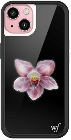 Wildflower-fodral – orkidé, kompatibel med Apple iPhone 15 | blommig, svart, lila, minimalistisk, söt, trendig – skyddande svart stötfångare, 1,2 m dropptestcertifierad, kvinnoägt småföretag