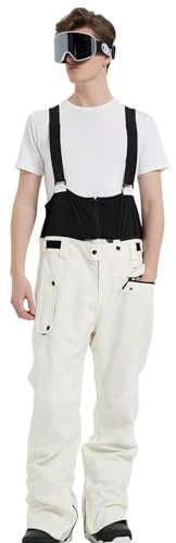 HOUZONIY Skidbyxor för män, vattentäta snöbyxor, softshellbyxor, vinter, varma, fodrade snowboardbyxor, overall med avtagbara remmar, Beige, M