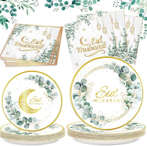 Bdecoll Eid Mubarak Lot de 75 assiettes en papier réutilisables pour décoration de table Ramadan Mubarak Assiettes à dessert pour fête Ramadan