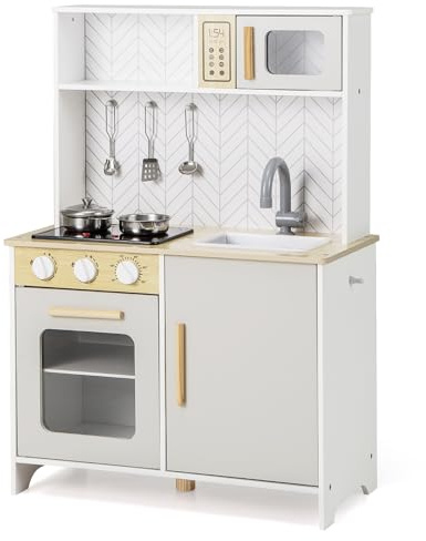 GOPLUS Juego de Cocina para Niños, Set de Cocina de Imitación con Luces y Sonidos, Estufa, Horno, Fregadero, Grifo, Microondas, Utensilios de Cocina, Juguete de Cocina de Madera (Blanco)