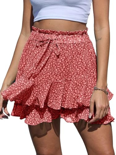 CheChury Damen Sommer Shorts Floral Bedruckt High Waist Rschen Elastisch Weite Bein Shorts,Rot,M