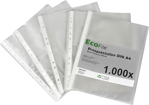 Prospekthüllen A4 PCR‑PP 60my genarbt mit Eurolochung 1000Stk | 60 my starke PCR‑PP‑Folie aus recycelten Endkundenabfällen, genarbt, fotoecht und abheftbar
