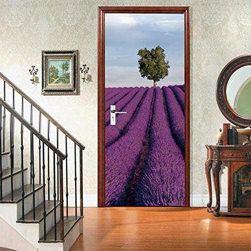 Tür bekleben mit Türtapete Selbstklebend Lila Blumen und kleine Bäume Tür verschönern mit Türfolie Türaufkleber Türbilder Türposter Türklebefolie B100 x H200cm