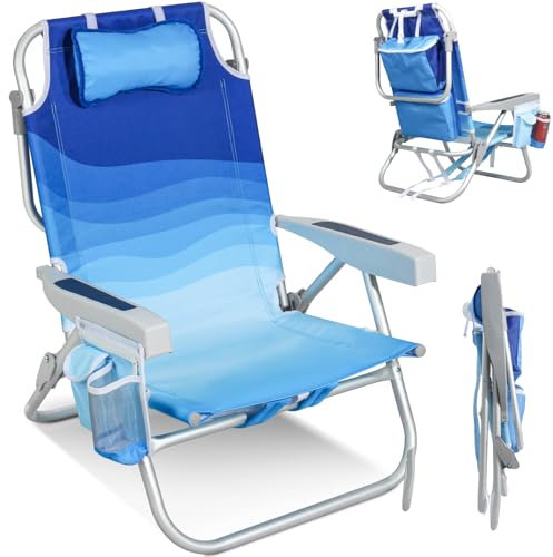 Homecall Strandstuhl Klappbar Leicht Klappstuhl Strand 5-stufig verstellbare Rückenlehne - Strandsessel Strandstühle Faltbar Bis 136KG für Strand, Outdoors (Niedrig, Blaue Welle, 1 Stück)