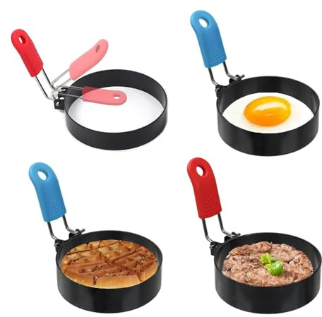 4 Pack Egg Ring, Stainless Steel Molds with Anti-Scald Handle, Non Stick Circles for Fried Egg Sandwiches Frying Breakfast Pancakes Mini Burger Household Kitchen Cooking Tool Omelette - (Blue+Red)