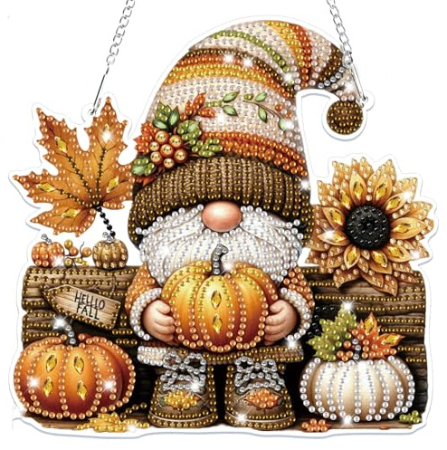 Lxmsja 5D Halloween Diamond Painting Anhänger Gnom, Herbst Diamond Painting Fensterbilder Beidseitig für Erwachsene Kinder, Bastelset Kreativ Set, Hängend Ornament Tür Fenster Wand Eingang Decor